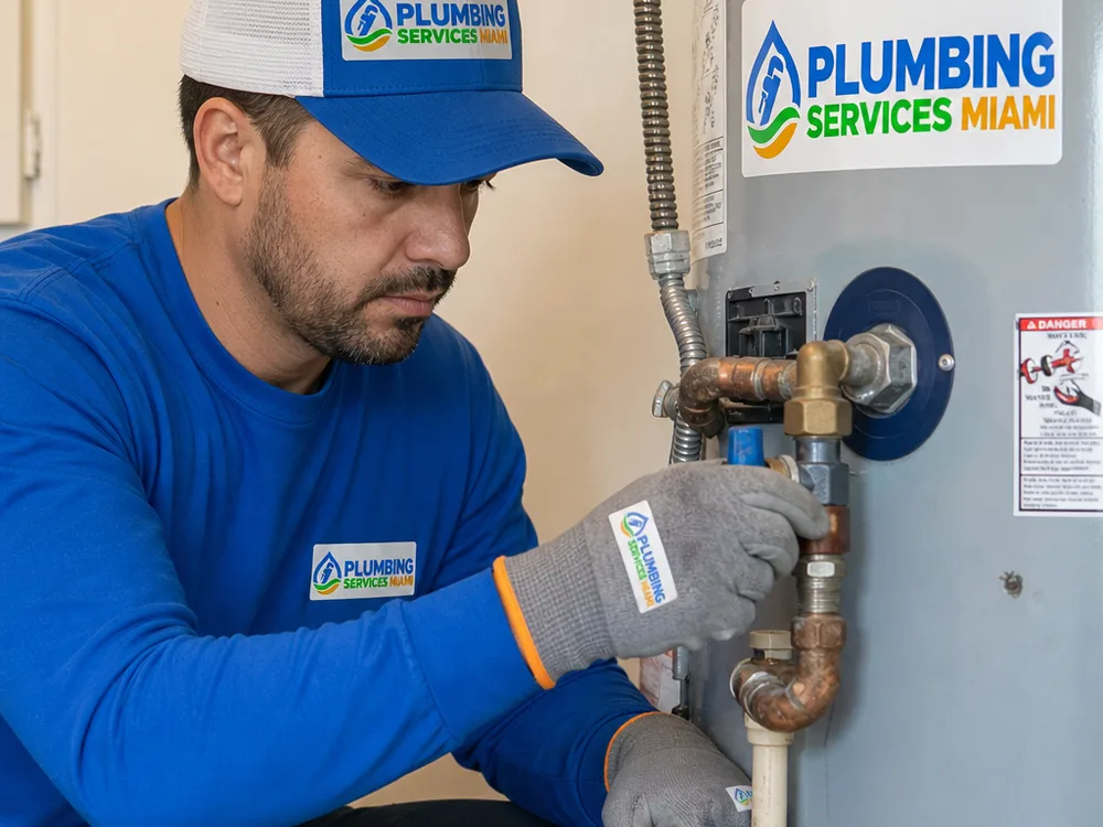 Plumber checking a water heater shutoff valve and connections for moisture and corrosion