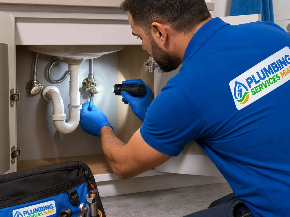Plumber using a flashlight to inspect a bathroom vanity P-trap, supply lines, and shutoff valves
