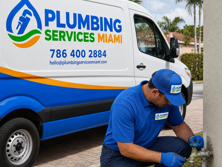 Plumber checking an exterior hose bib and shutoff for seepage and corrosion beside a home